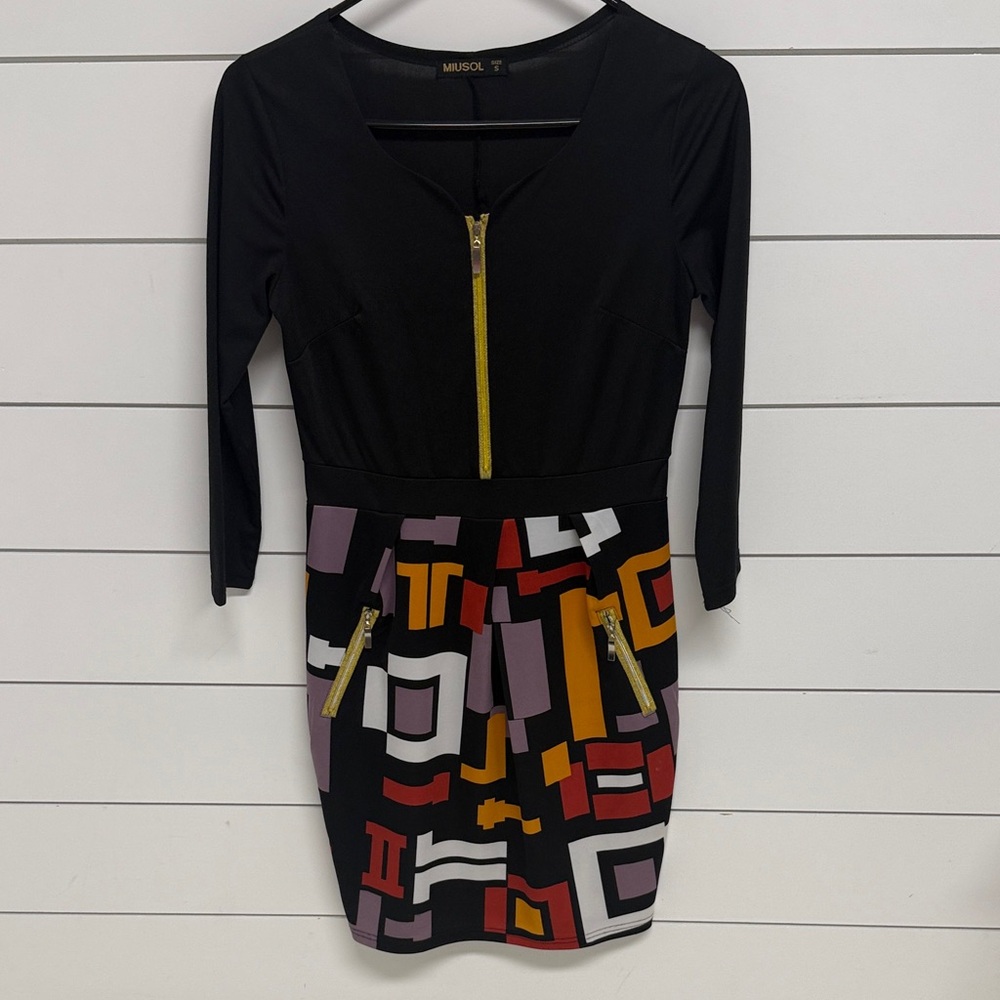 Miusol Black Dress with Multicolor Geometric Skirt and Gold Zippers